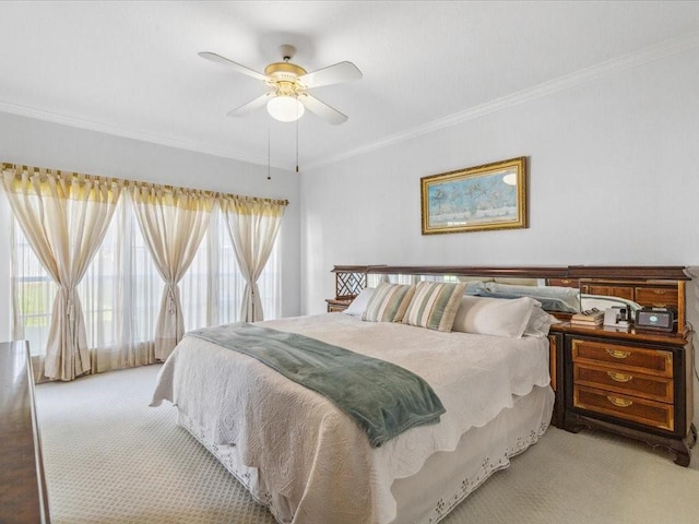 4614 Jamaica Dr, Sugar Land, TX 77479 - bedroom with light carpet, ornamental molding, and a ceiling fan