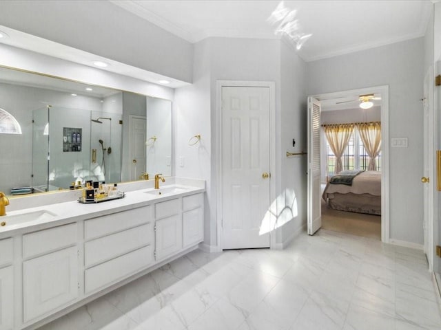 4614 Jamaica Dr, Sugar Land, TX 77479 - ensuite bathroom featuring a stall shower, marble look tiles, double vanity, ornamental molding, and a ceiling fan
