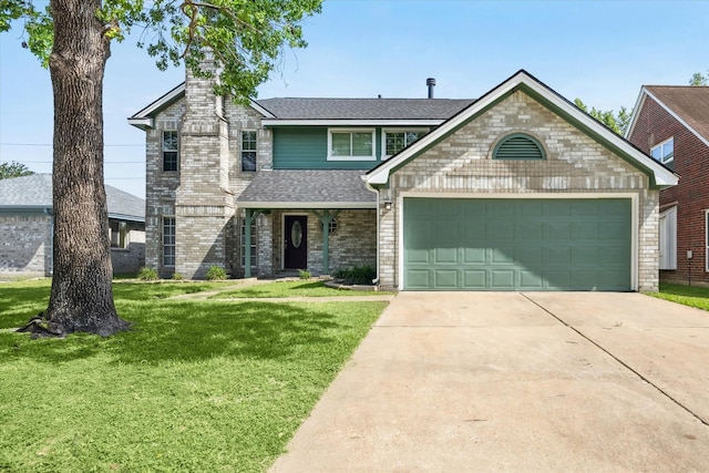 10906 Harvest Sun Dr, Houston, TX 77064 - view of front of house with a front lawn, driveway, a chimney, roof with shingles, and a garage