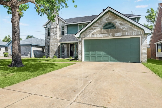 10906 Harvest Sun Dr, Houston, TX 77064 - traditional-style home featuring a shingled roof, a front lawn, stone siding, an attached garage, and concrete driveway