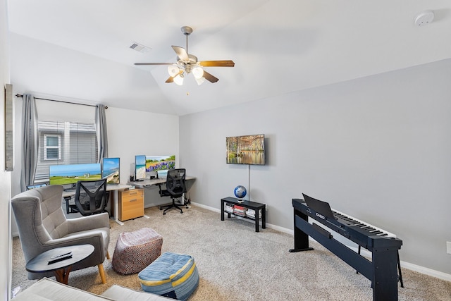 6203 Aspen Pass Dr, Kingwood, TX 77345 - office space featuring light colored carpet, a ceiling fan, lofted ceiling, and baseboards
