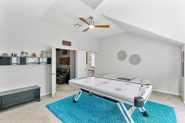 6203 Aspen Pass Dr, Kingwood, TX 77345 - rec room featuring lofted ceiling, carpet flooring, a ceiling fan, and baseboards