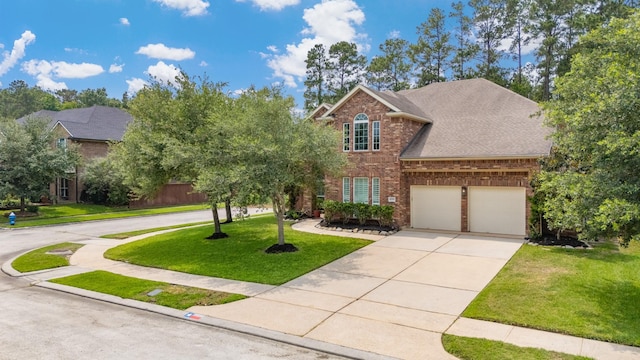 6203 Aspen Pass Dr, Kingwood, TX 77345 - traditional-style home featuring driveway, brick siding, a front lawn, and a shingled roof