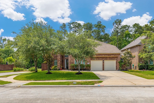 6203 Aspen Pass Dr, Kingwood, TX 77345 - obstructed view of property featuring brick siding, an attached garage, concrete driveway, and a front yard