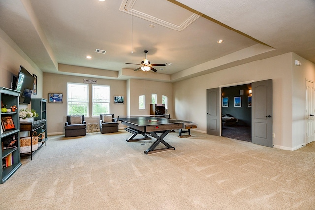 28011 Burnett Hills Ln, Fulshear, TX 77441 - playroom featuring attic access, a raised ceiling, carpet, baseboards, and recessed lighting