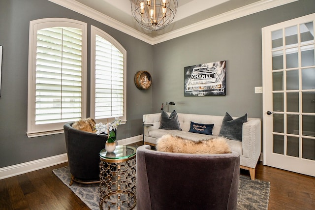 28011 Burnett Hills Ln, Fulshear, TX 77441 - sitting room with crown molding, a chandelier, wood finished floors, and baseboards