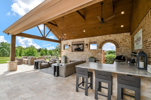 28011 Burnett Hills Ln, Fulshear, TX 77441 - view of patio / terrace with an outdoor hangout area, a bar, a gazebo, and a ceiling fan