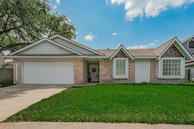 22010 Rivermead Dr, Katy, TX 77449 - ranch-style home featuring brick siding, driveway, a front yard, a garage, and a shingled roof