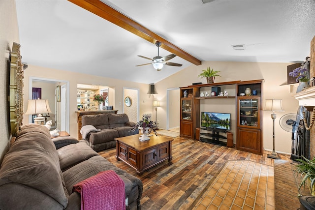 11855 23rd St, Santa Fe, TX 77510 - living area featuring dark wood-style flooring, ceiling fan, and a fireplace