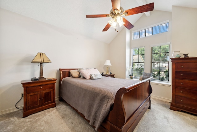 8621 Beechcrest St, Houston, TX 77083 - bedroom featuring light colored carpet, baseboards, high vaulted ceiling, ceiling fan, and beam ceiling