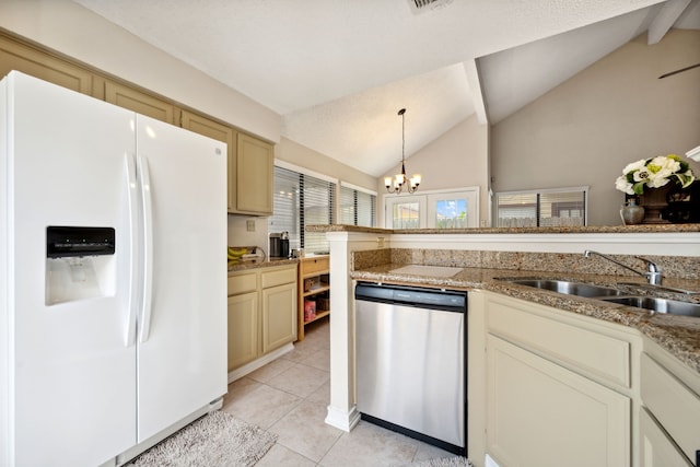 8621 Beechcrest St, Houston, TX 77083 - kitchen featuring white fridge with ice dispenser, dishwasher, a sink, light tile patterned flooring, and a chandelier