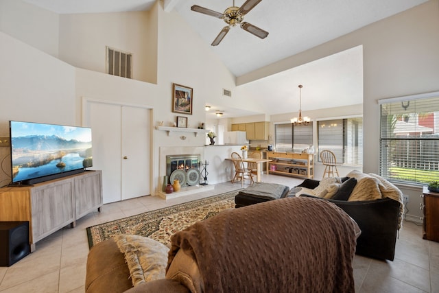 8621 Beechcrest St, Houston, TX 77083 - living area featuring high vaulted ceiling, light tile patterned floors, a chandelier, a ceiling fan, and beam ceiling