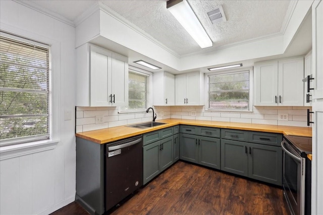 240 Berwick Dr, Bridge City, TX 77611 - kitchen featuring butcher block counters, a sink, dishwasher, stainless steel electric range, and gray cabinetry