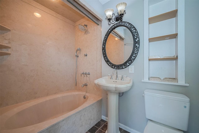 5243 Stillbrooke Dr, Houston, TX 77096 - bathroom with toilet, tile patterned flooring, shower / bathtub combination, a chandelier, and baseboards