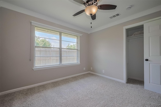 5243 Stillbrooke Dr, Houston, TX 77096 - unfurnished bedroom featuring carpet floors, baseboards, crown molding, a closet, and a ceiling fan