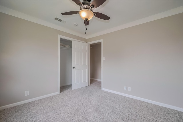 5243 Stillbrooke Dr, Houston, TX 77096 - unfurnished bedroom with light colored carpet, ornamental molding, baseboards, a closet, and ceiling fan