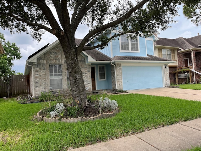 13523 La Concha Ln, Houston, TX 77083 - traditional-style house with concrete driveway, a garage, stone siding, a shingled roof, and brick siding