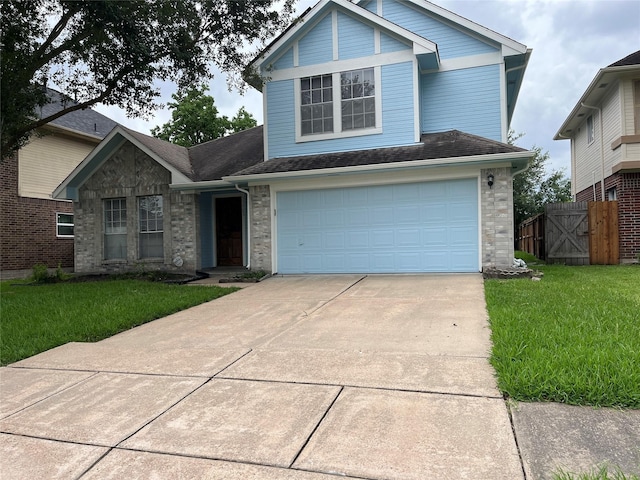 13523 La Concha Ln, Houston, TX 77083 - traditional-style home with stone siding, an attached garage, driveway, and a shingled roof