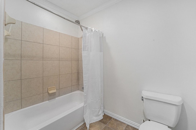 16731 Foursquare Dr, Conroe, TX 77385 - full bath featuring ornamental molding, baseboards, toilet, shower / tub combo, and tile patterned flooring