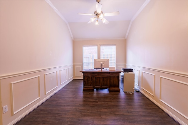 5910 Hatfield Glen Dr, Katy, TX 77449 - office area with vaulted ceiling, a decorative wall, ornamental molding, a ceiling fan, and wainscoting
