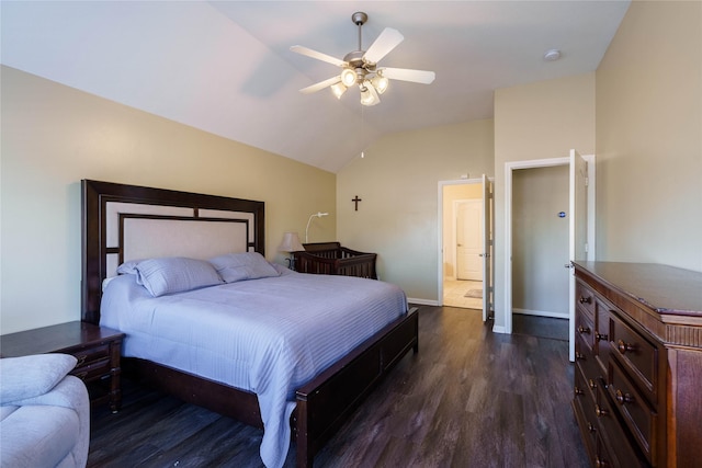 5910 Hatfield Glen Dr, Katy, TX 77449 - bedroom with dark wood finished floors, vaulted ceiling, and ceiling fan