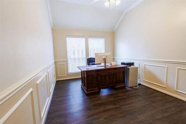 5910 Hatfield Glen Dr, Katy, TX 77449 - office featuring ornamental molding, a decorative wall, lofted ceiling, dark wood-style floors, and a ceiling fan