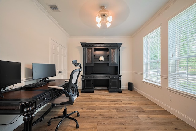 8113 Tranquil Lake Way, Conroe, TX 77385 - office featuring ceiling fan, light wood finished floors, ornamental molding, and baseboards