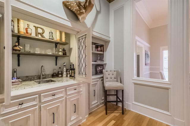 20727 Sea Pine Dr, Katy, TX 77450 - indoor wet bar featuring crown molding and light wood-type flooring