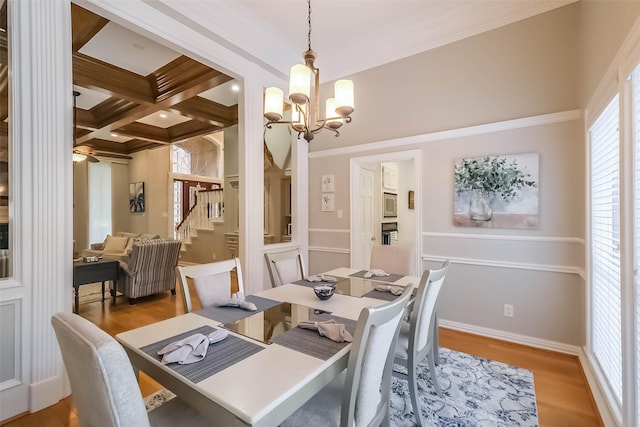20727 Sea Pine Dr, Katy, TX 77450 - dining room featuring stairway, wood finished floors, crown molding, coffered ceiling, and beam ceiling