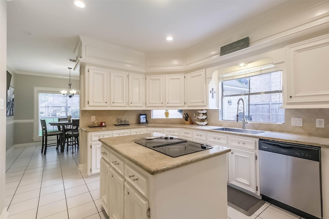 20727 Sea Pine Dr, Katy, TX 77450 - kitchen with stainless steel dishwasher, a sink, black electric stovetop, light tile patterned floors, and decorative backsplash