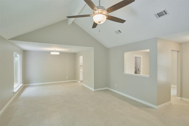 60 Hickory Oak Dr, The Woodlands, TX 77381 - unfurnished room with ceiling fan, beam ceiling, baseboards, and high vaulted ceiling