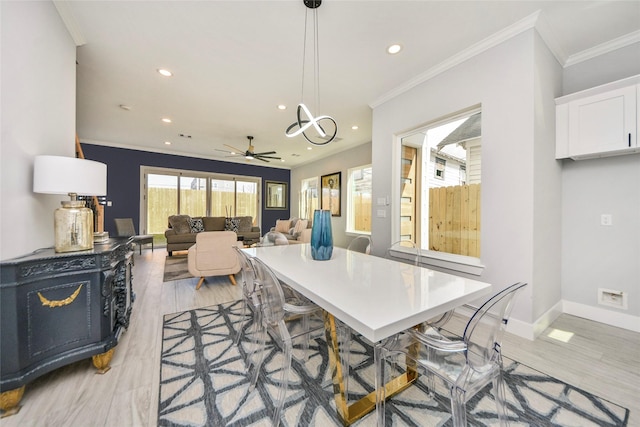 3033 Dennis St, Houston, TX 77004 - dining space with light wood-type flooring, ornamental molding, recessed lighting, baseboards, and ceiling fan