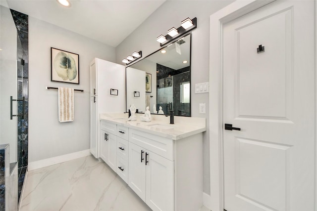 3033 Dennis St, Houston, TX 77004 - bathroom with baseboards, a marble finish shower, marble look tiles, double vanity, and recessed lighting