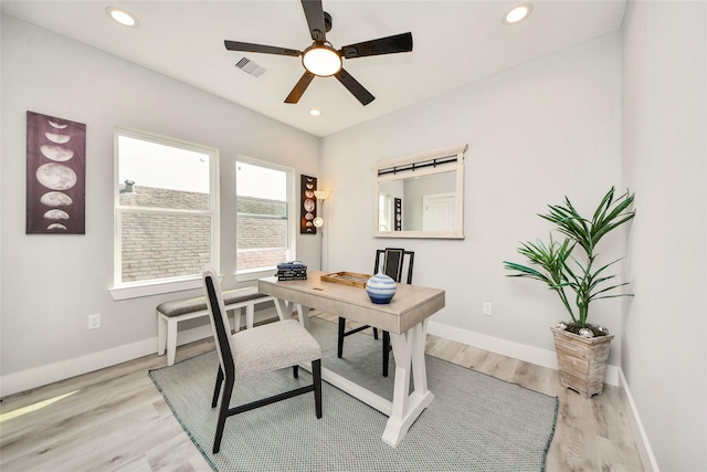 3033 Dennis St, Houston, TX 77004 - home office with ceiling fan, baseboards, light wood-style flooring, and recessed lighting