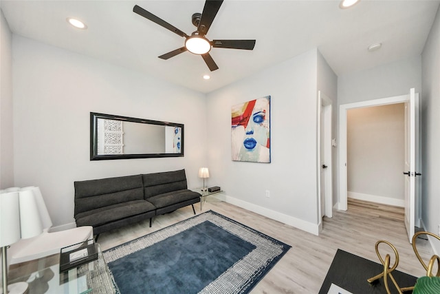 3033 Dennis St, Houston, TX 77004 - living area featuring a ceiling fan, wood finished floors, recessed lighting, and baseboards