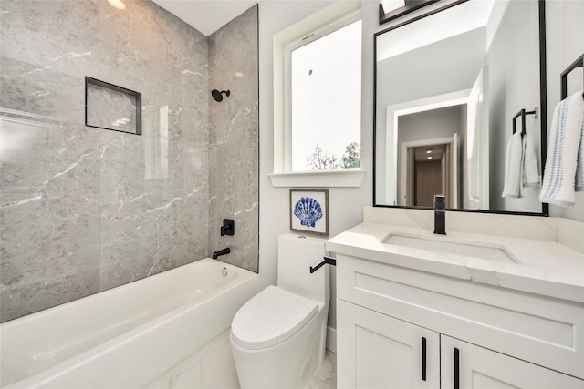 3033 Dennis St, Houston, TX 77004 - bathroom featuring marble look tile flooring, toilet, washtub / shower combination, and vanity