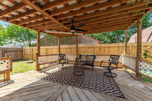 2720 Hot Springs Dr, Pearland, TX 77584 - wooden deck featuring a fenced backyard, a ceiling fan, and outdoor lounge area