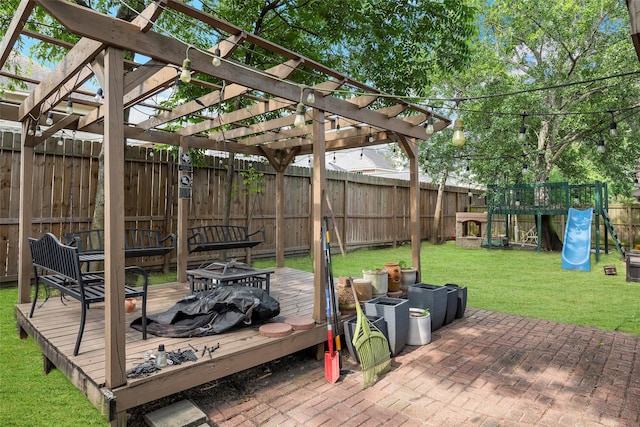 7611 Creekfield Dr, Spring, TX 77379 - wooden terrace featuring a playground and a pergola