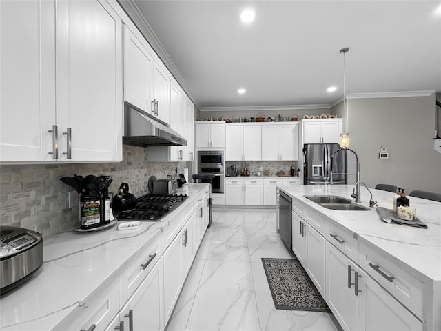 kitchen featuring under cabinet range hood, stainless steel appliances, a sink, white cabinetry, and tasteful backsplash