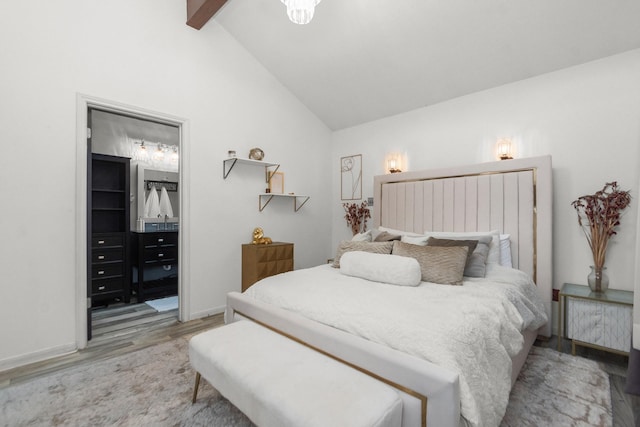 535 Oyster Creek Dr, Richwood, TX 77531 - bedroom with light wood-style flooring, beamed ceiling, high vaulted ceiling, and baseboards