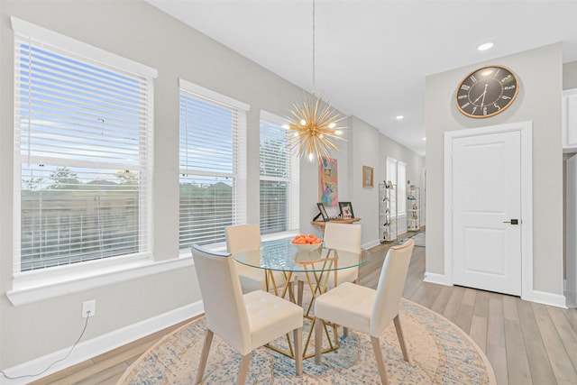 10702 Pleasant View Dr, Missouri City, TX 77459 - dining area featuring a chandelier, light wood finished floors, baseboards, and recessed lighting