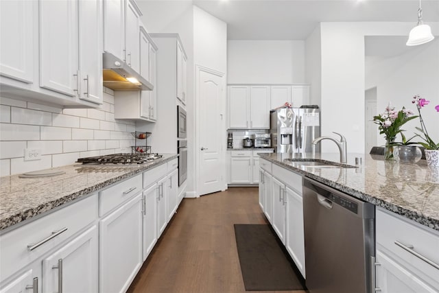6422 Tiburon Lakes Dr, Katy, TX 77493 - kitchen with stainless steel appliances, under cabinet range hood, a sink, dark wood finished floors, and decorative backsplash
