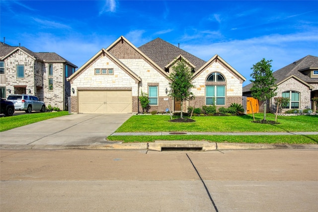6422 Tiburon Lakes Dr, Katy, TX 77493 - french country home with driveway, stone siding, a garage, and brick siding