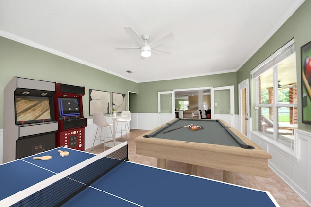 1140 Bartlett Rd, Katy, TX 77493 - recreation room featuring ceiling fan, crown molding, french doors, a wainscoted wall, and billiards table