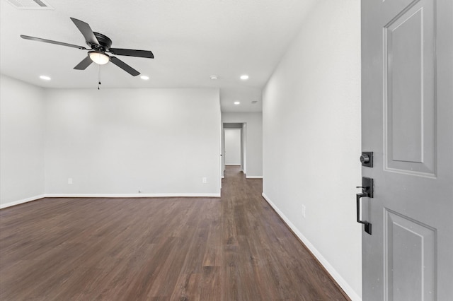 13430 Orleans St, Houston, TX 77015 - spare room featuring recessed lighting, dark wood-style floors, baseboards, and ceiling fan