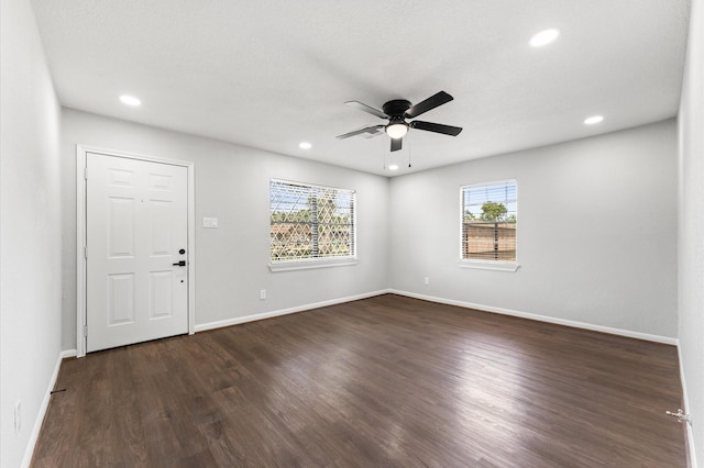 13430 Orleans St, Houston, TX 77015 - entryway featuring a ceiling fan, recessed lighting, dark wood-style flooring, and baseboards