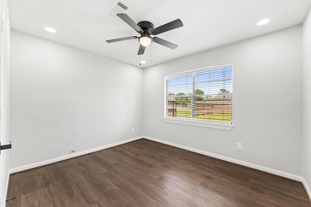 13430 Orleans St, Houston, TX 77015 - unfurnished room featuring baseboards, dark wood-style floors, a ceiling fan, and recessed lighting
