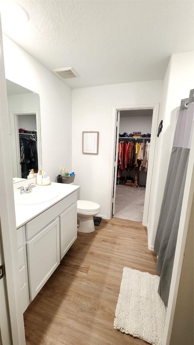 20822 Masella Ridge Dr, New Caney, TX 77357 - bathroom featuring a spacious closet, vanity, toilet, wood finished floors, and a shower with curtain