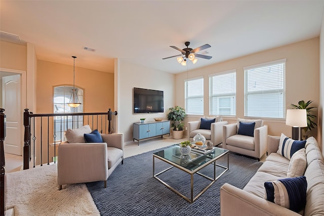 16747 Highland Country Dr, Cypress, TX 77433 - living room featuring a ceiling fan