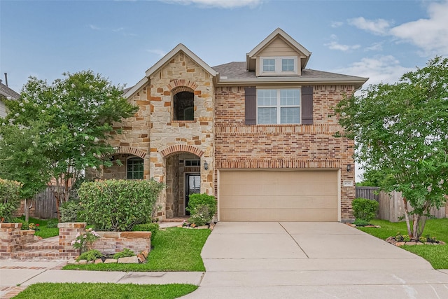 16747 Highland Country Dr, Cypress, TX 77433 - view of front of home featuring an attached garage, stone siding, concrete driveway, and brick siding